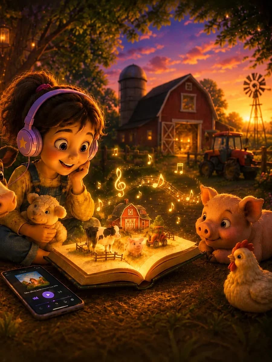 A child listening to an audio story on a farm