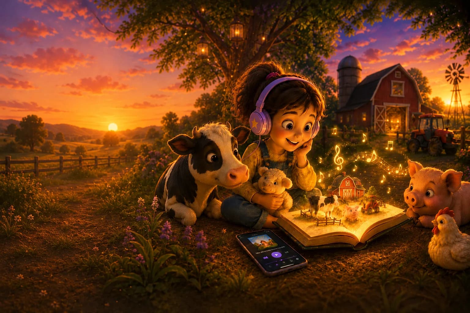 A child listening to an audio story on a farm