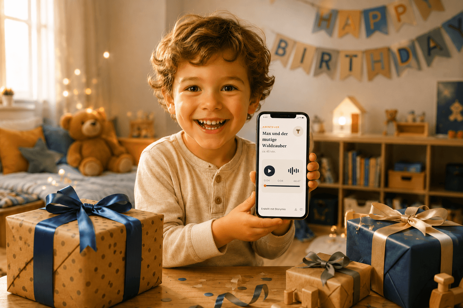 Ein Junge sitzt lachend zwischen Geschenken und zeigt stolz sein Smartphone mit einem personalisierten Storymio-Hörspiel