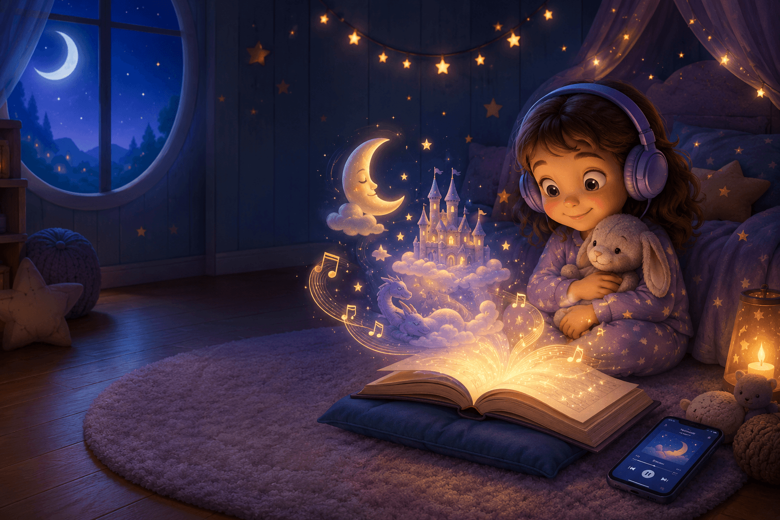 Ein Mädchen mit Kopfhörern kuschelt mit seinem Stofftier und lauscht einem Hörspiel aus einem leuchtenden Buch, im Hintergrund Mond und Sterne vor dem Fenster